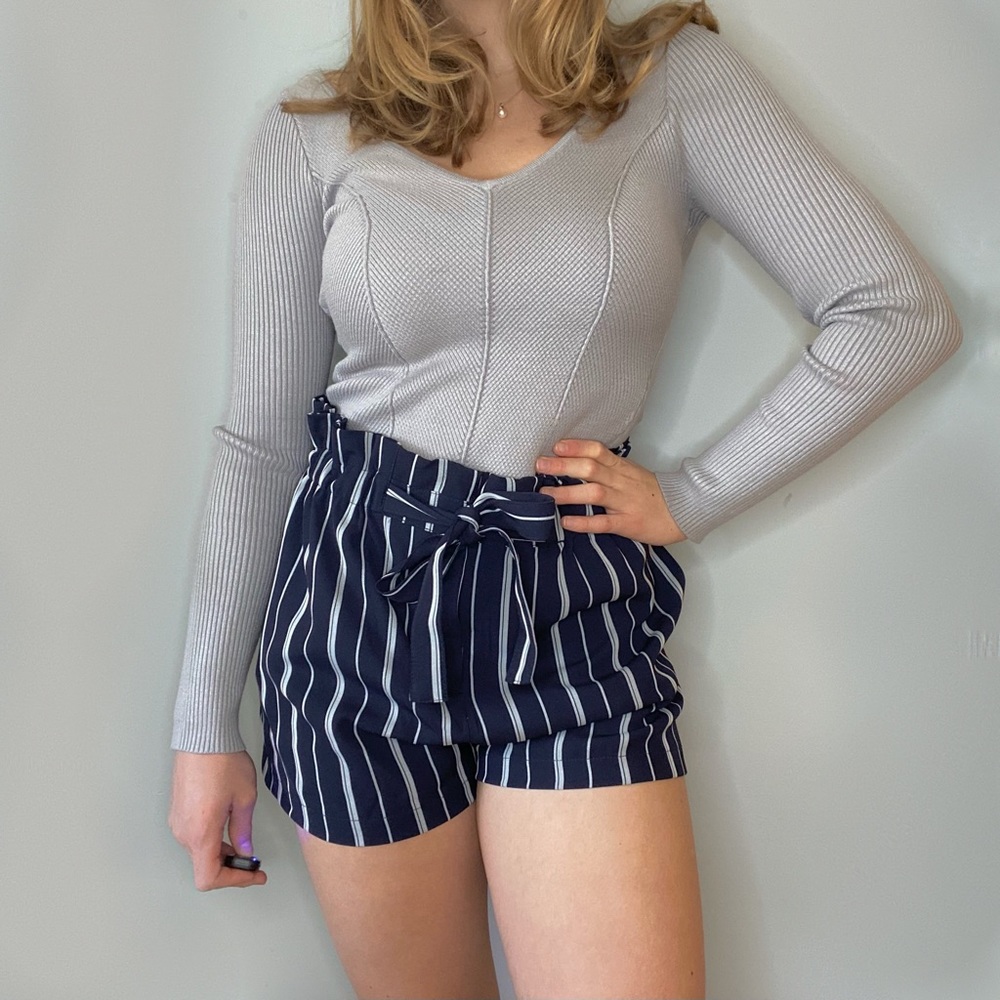 DONATED Navy and Grey Striped Paperbag Tie High-Waisted Dress Shorts